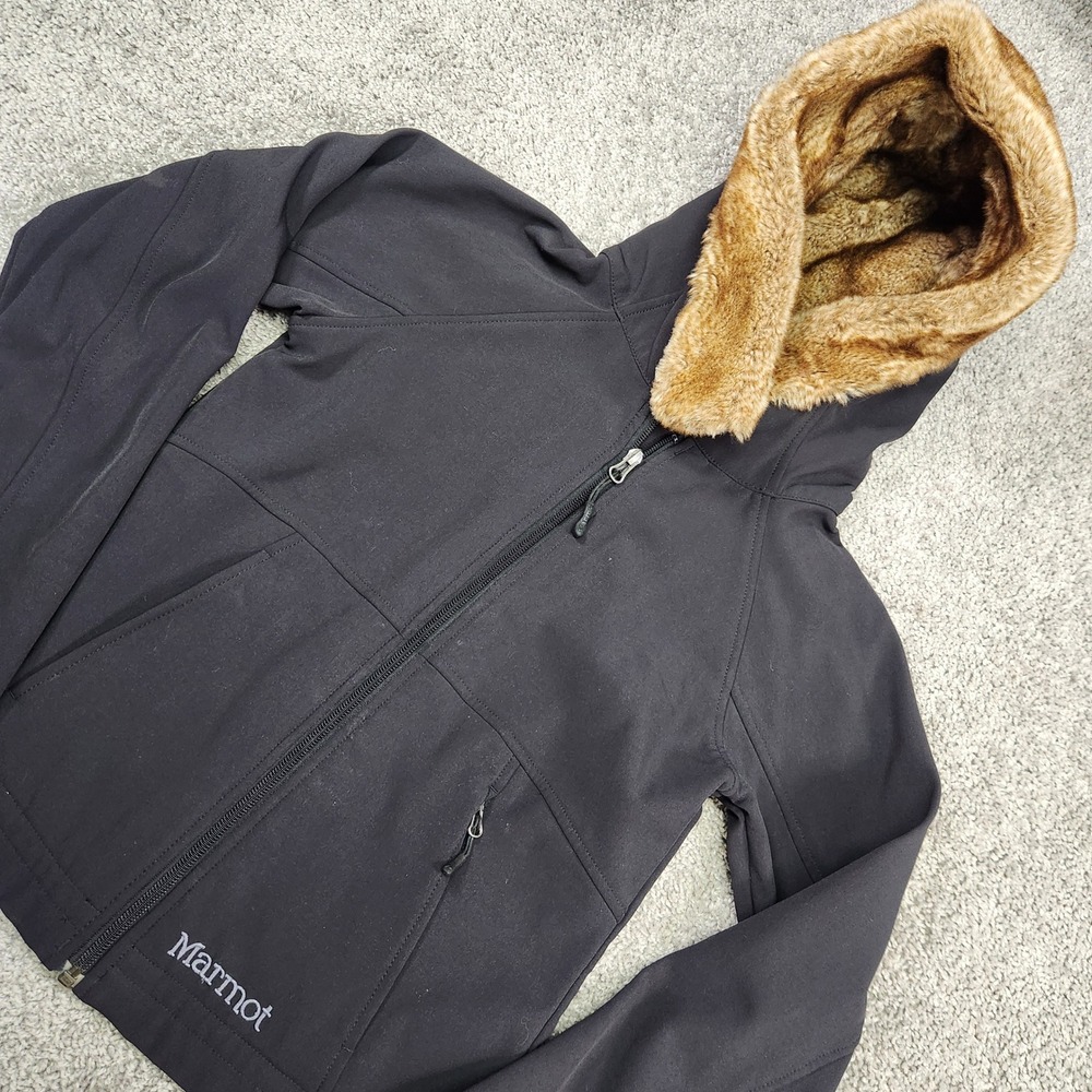 Marmot Softshell Jacket Women XS‎ Black Faux Fur Hood Outdoor Zip Furlong